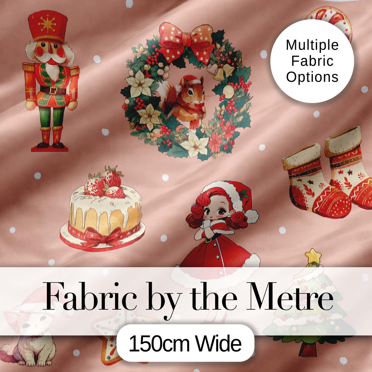 Nutcracker  Wreath Cake Girl on Peach Background with Snow Dots Seamless  Digital Print Fabric by the Metre UK Sewing Quilting Textile
