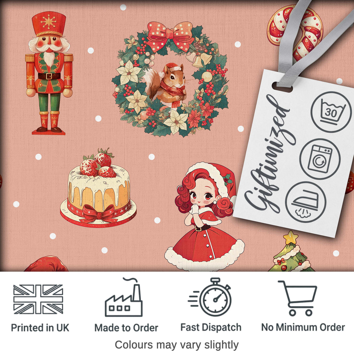 Nutcracker  Wreath Cake Girl on Peach Background with Snow Dots Seamless  Digital Print Fabric by the Metre UK Sewing Quilting Textile