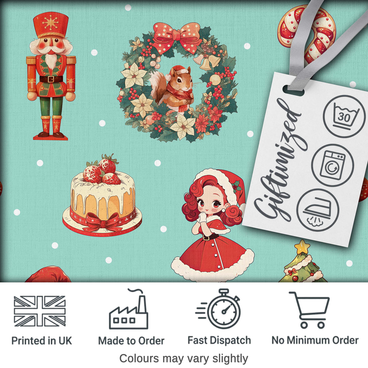 Nutcracker  Wreath Cake Girl on Mint Background with Snow Dots Seamless  Digital Print Fabric by the Metre UK Sewing Quilting Textile