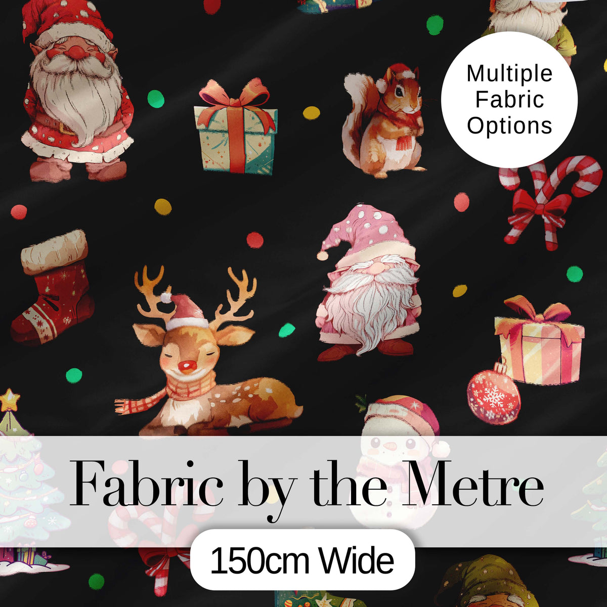 Christmas Gnome Reindeer Snowman Gift Candy Cane on Black Background Seamless  Digital Print Fabric by the Metre UK Sewing Quilting Textile