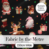 Christmas Gnome Reindeer Snowman Gift Candy Cane on Black Background Seamless  Digital Print Fabric by the Metre UK Sewing Quilting Textile