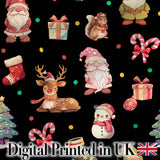 Christmas Gnome Reindeer Snowman Gift Candy Cane on Black Background Seamless  Digital Print Fabric by the Metre UK Sewing Quilting Textile
