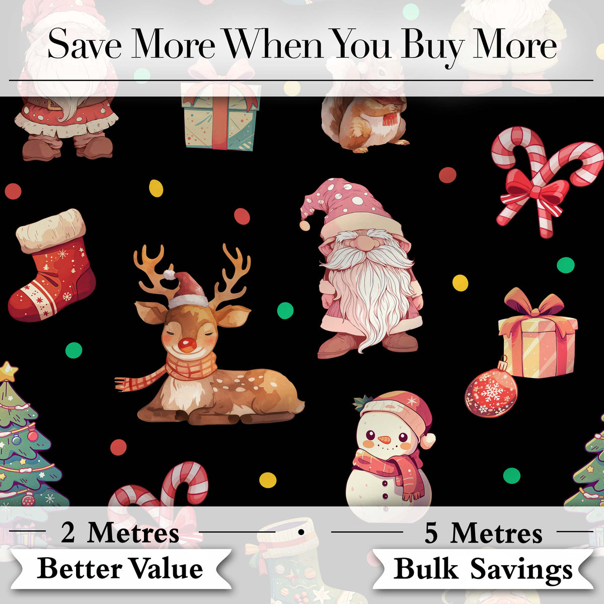 Christmas Gnome Reindeer Snowman Gift Candy Cane on Black Background Seamless  Digital Print Fabric by the Metre UK Sewing Quilting Textile