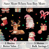 Christmas Gnome Reindeer Snowman Gift Candy Cane on Black Background Seamless  Digital Print Fabric by the Metre UK Sewing Quilting Textile