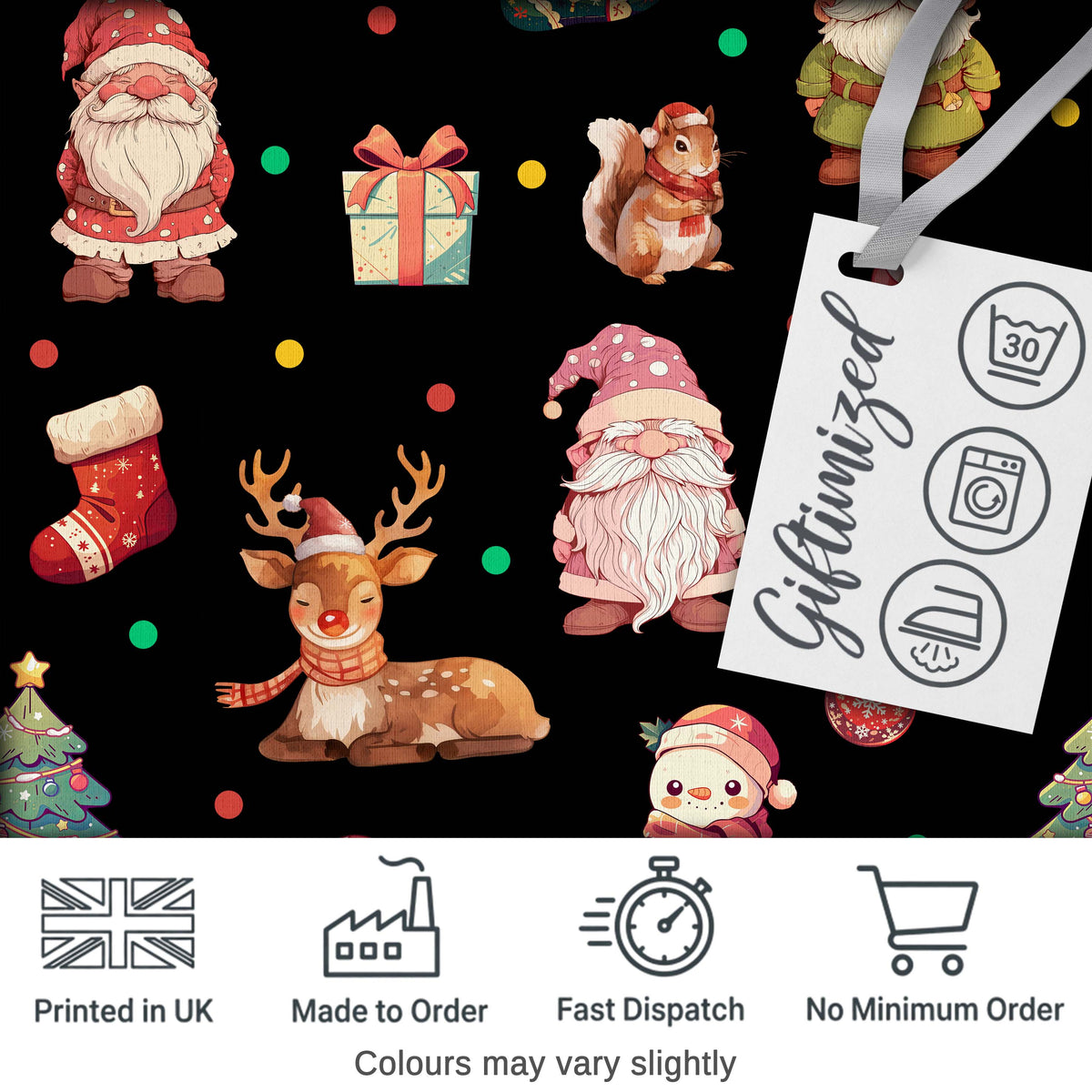 Christmas Gnome Reindeer Snowman Gift Candy Cane on Black Background Seamless  Digital Print Fabric by the Metre UK Sewing Quilting Textile