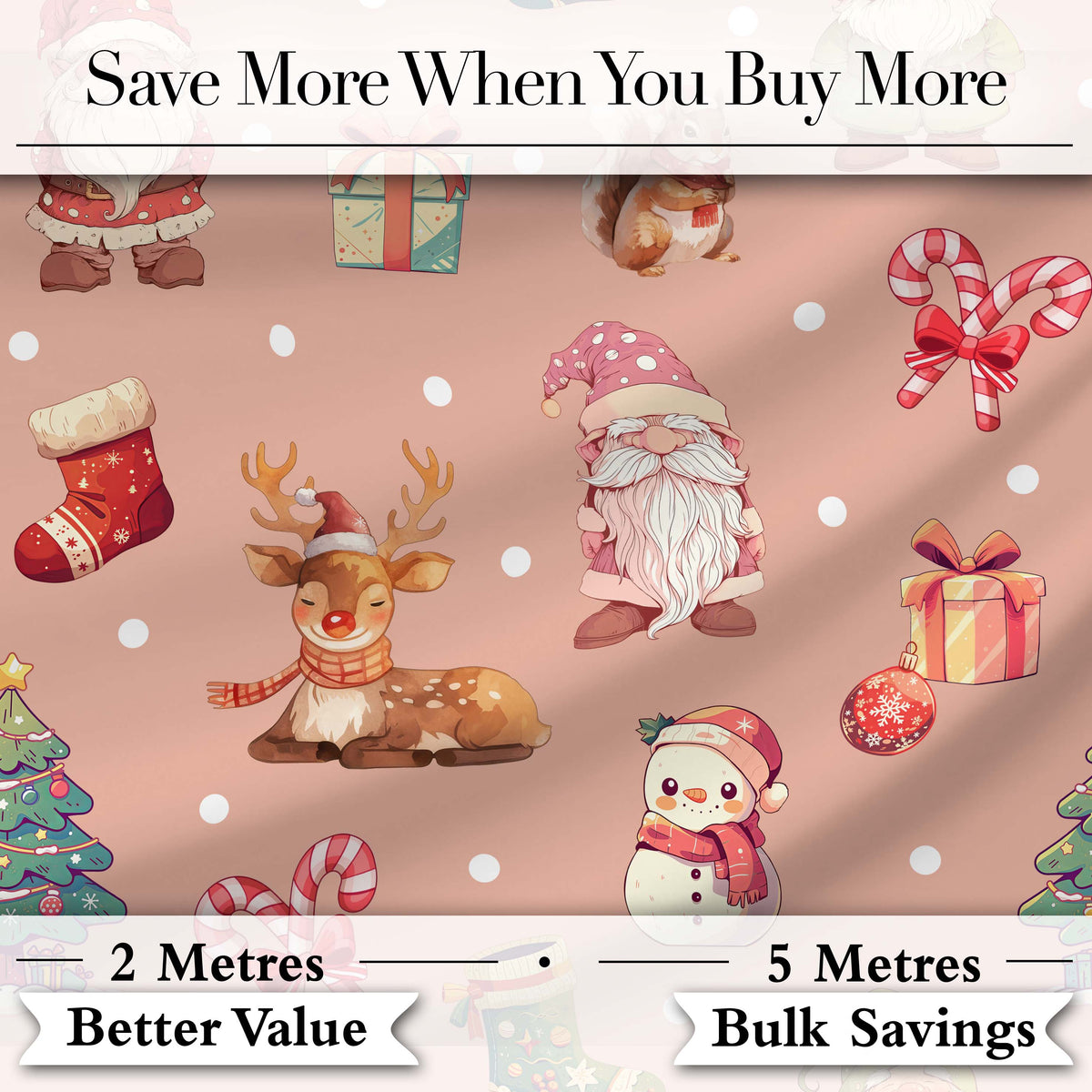 Christmas Gnome Reindeer Snowman Gift  on Peach Snow Dot Background Seamless  Digital Print Fabric by the Metre UK Sewing Quilting Textile
