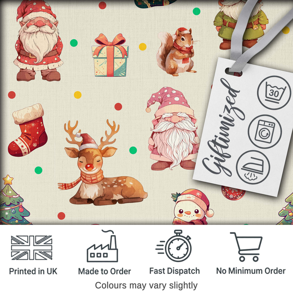 Christmas Gnome Reindeer Snowman Gift  on Cream Polka Dot Background Seamless  Digital Print Fabric by the Metre UK Sewing Quilting Textile