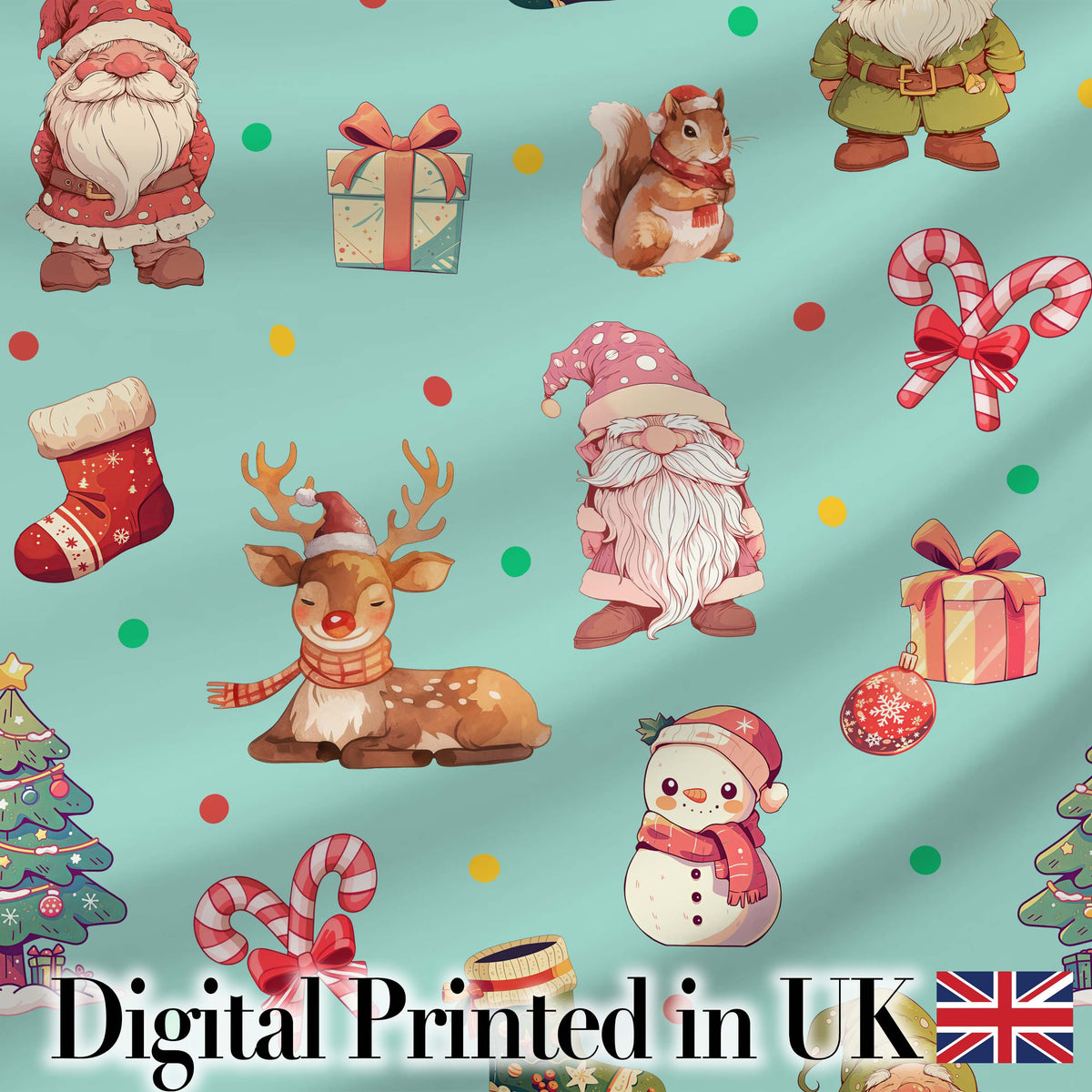 Christmas Gnome Reindeer Snowman Gift  on Mint Polka Dot Background Seamless  Digital Print Fabric by the Metre UK Sewing Quilting Textile