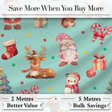 Christmas Gnome Reindeer Snowman Gift  on Mint Polka Dot Background Seamless  Digital Print Fabric by the Metre UK Sewing Quilting Textile