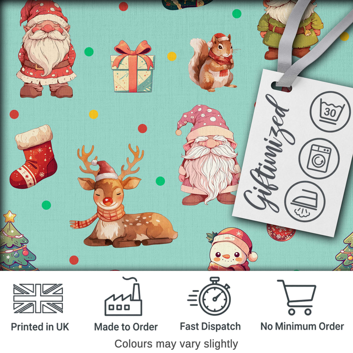 Christmas Gnome Reindeer Snowman Gift  on Mint Polka Dot Background Seamless  Digital Print Fabric by the Metre UK Sewing Quilting Textile