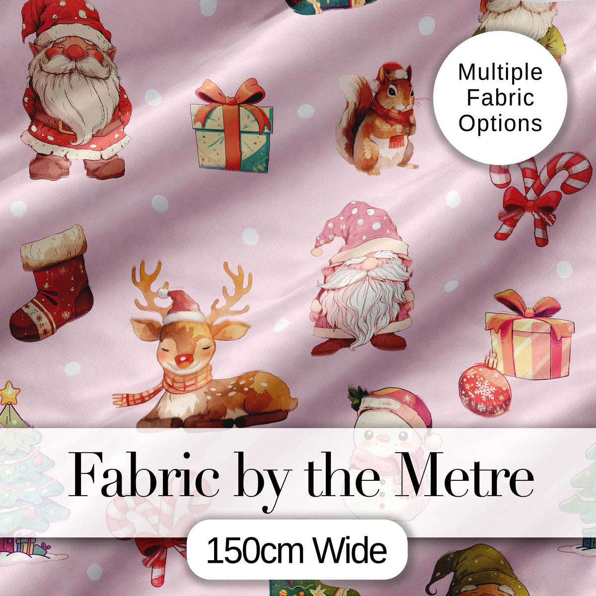 Christmas Gnome Reindeer Snowman Gift  on Pink Snow Dot Background Seamless  Digital Print Fabric by the Metre UK Sewing Quilting Textile