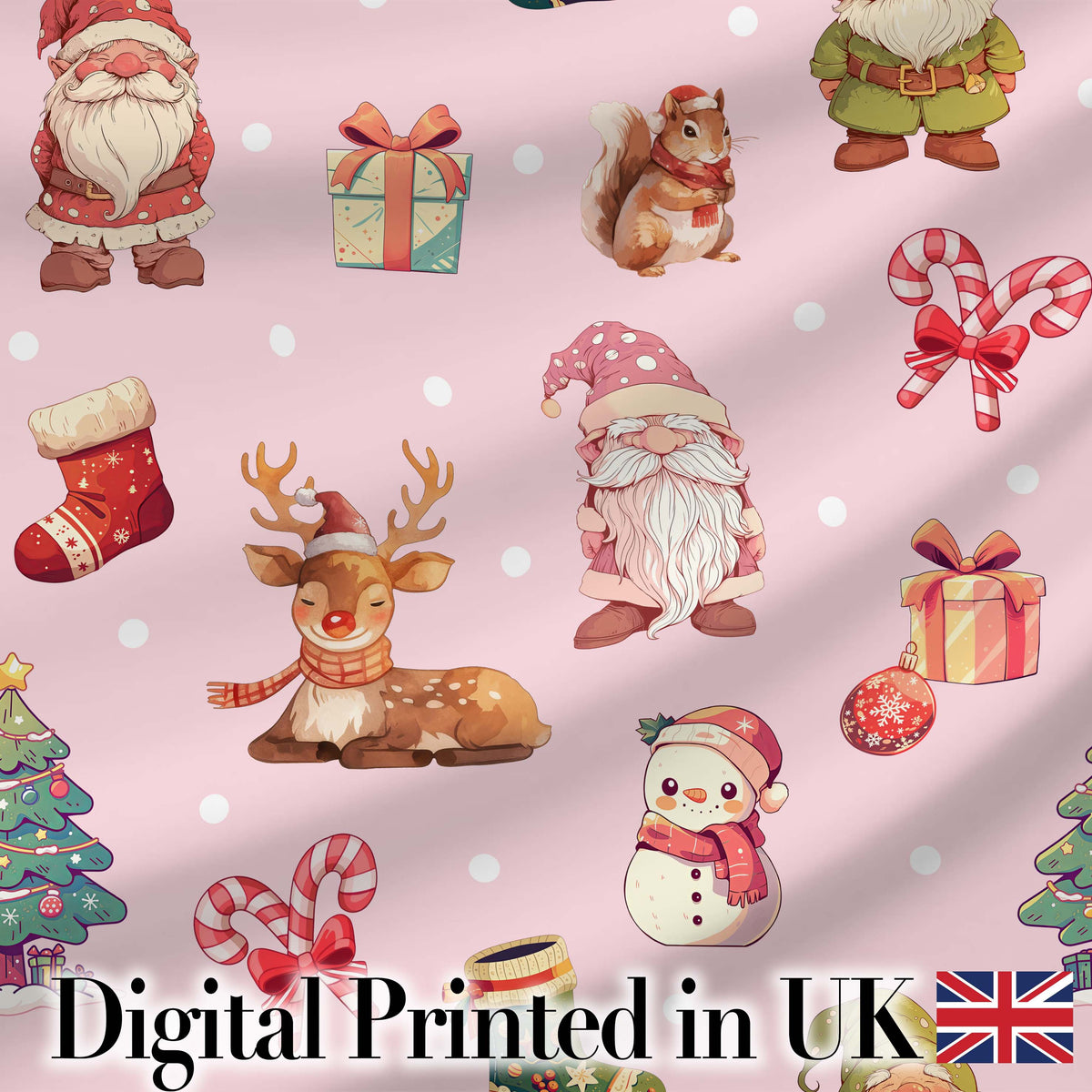 Christmas Gnome Reindeer Snowman Gift  on Pink Snow Dot Background Seamless  Digital Print Fabric by the Metre UK Sewing Quilting Textile