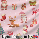 Christmas Gnome Reindeer Snowman Gift  on Pink Snow Dot Background Seamless  Digital Print Fabric by the Metre UK Sewing Quilting Textile