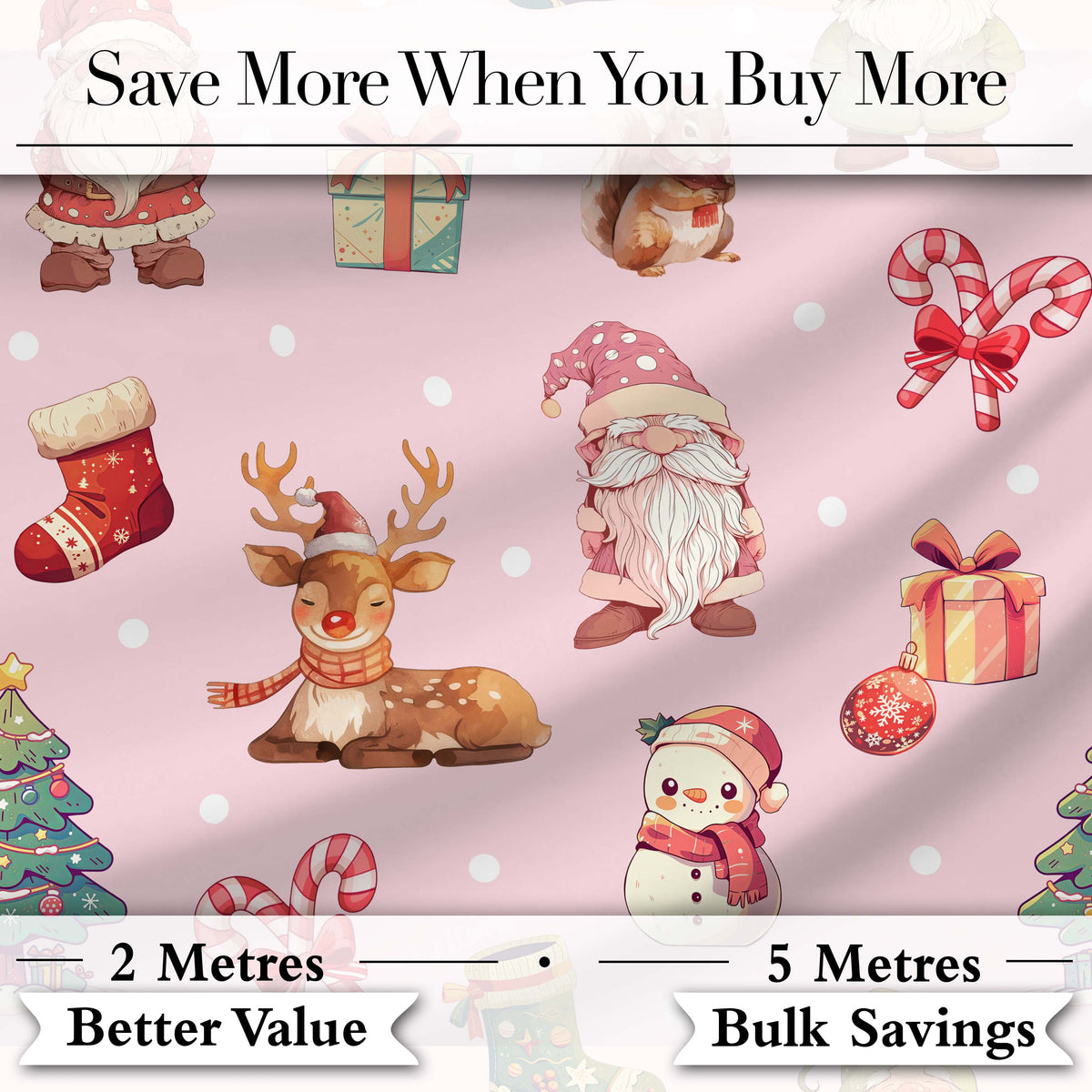 Christmas Gnome Reindeer Snowman Gift  on Pink Snow Dot Background Seamless  Digital Print Fabric by the Metre UK Sewing Quilting Textile