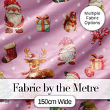 Christmas Gnome Reindeer Snowman Gift  on Pink Snow Dot Background Seamless  Digital Print Fabric by the Metre UK Sewing Quilting Textile