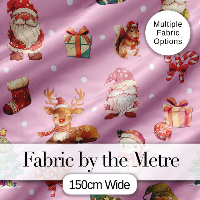 Christmas Gnome Reindeer Snowman Gift  on Pink Snow Dot Background Seamless  Digital Print Fabric by the Metre UK Sewing Quilting Textile