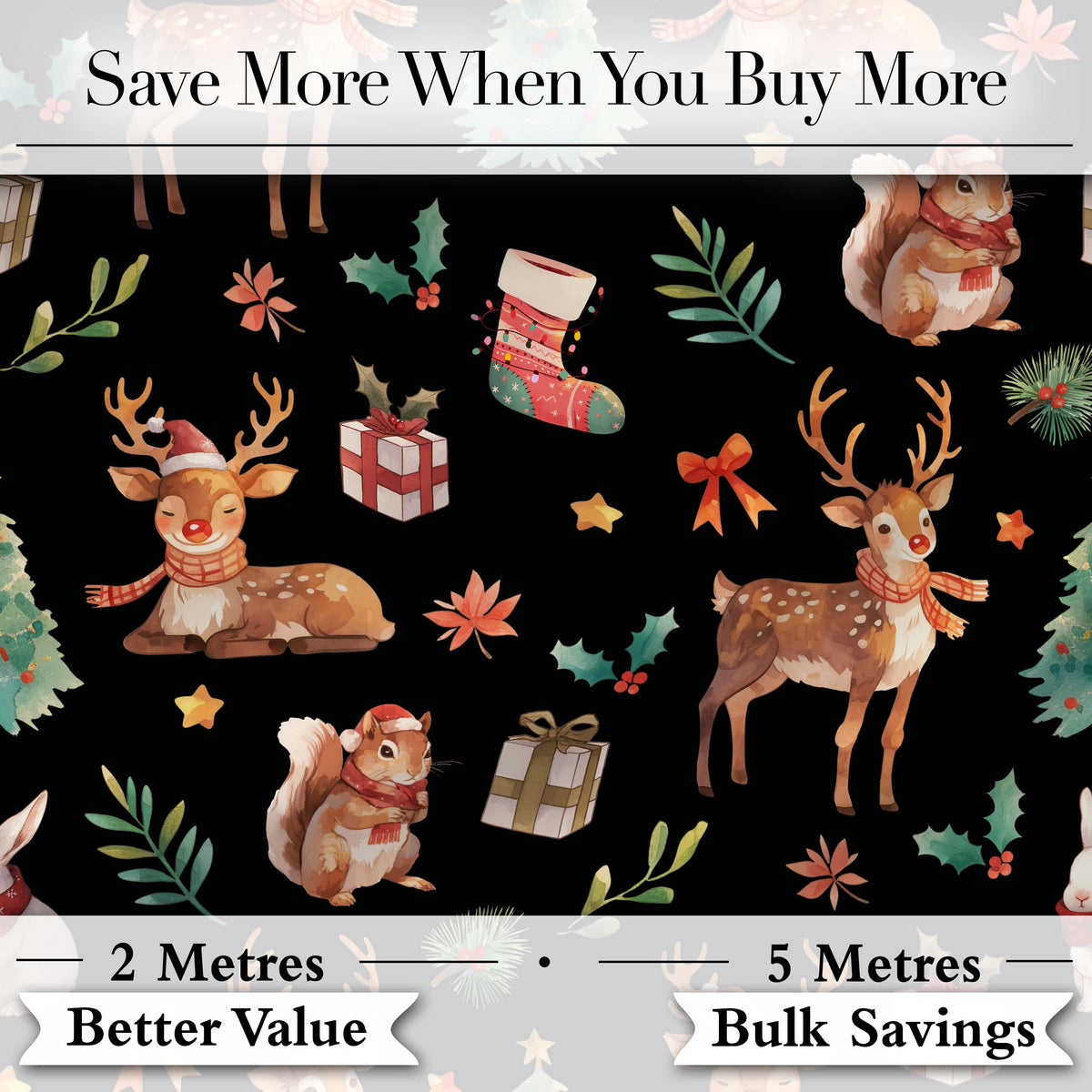 Christmas Reindeer Squirrel Gift Festive Elements on Black Background Seamless  Digital Print Fabric by the Metre UK Sewing Quilting Textile