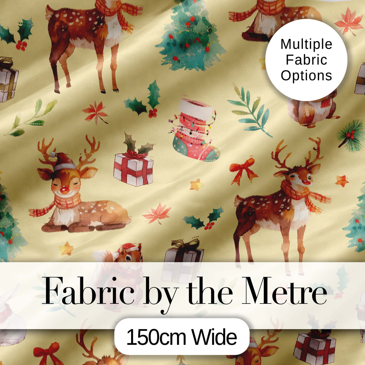 Christmas Reindeer Squirrel Gift Festive Element on Yellow Background Seamless  Digital Print Fabric by the Metre UK Sewing Quilting Textile