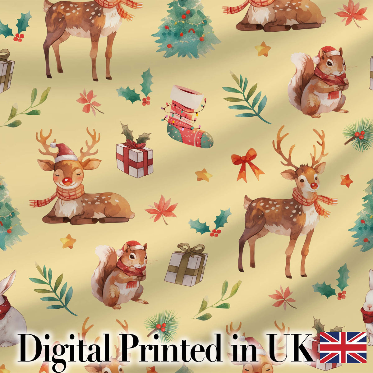 Christmas Reindeer Squirrel Gift Festive Element on Yellow Background Seamless  Digital Print Fabric by the Metre UK Sewing Quilting Textile