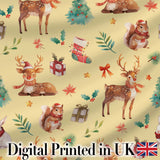Christmas Reindeer Squirrel Gift Festive Element on Yellow Background Seamless  Digital Print Fabric by the Metre UK Sewing Quilting Textile