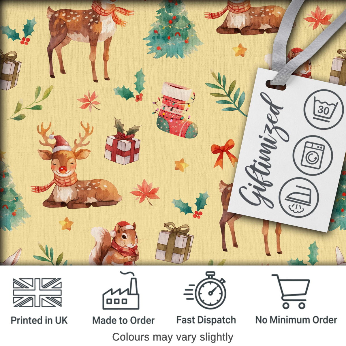 Christmas Reindeer Squirrel Gift Festive Element on Yellow Background Seamless  Digital Print Fabric by the Metre UK Sewing Quilting Textile
