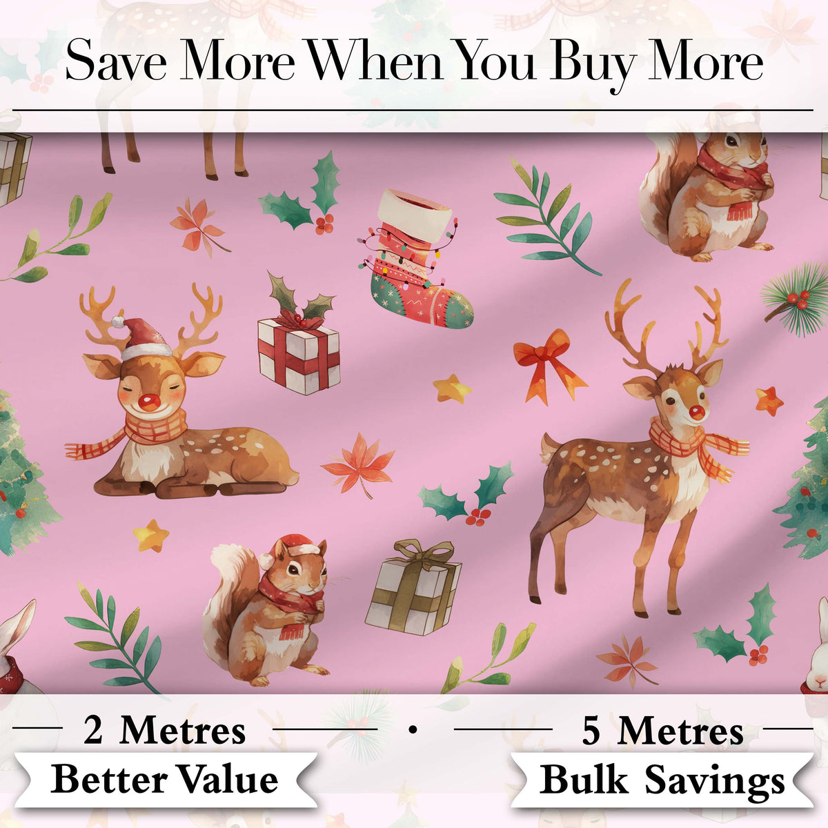 Christmas Reindeer Squirrel  Gift Festive Elements on Pink Background Seamless  Digital Print Fabric by the Metre UK Sewing Quilting Textile