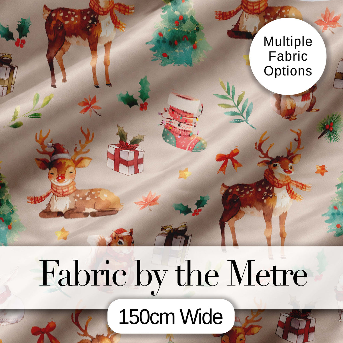 Christmas Reindeer Squirrel Gift Festive Elements on Beige Background Seamless  Digital Print Fabric by the Metre UK Sewing Quilting Textile