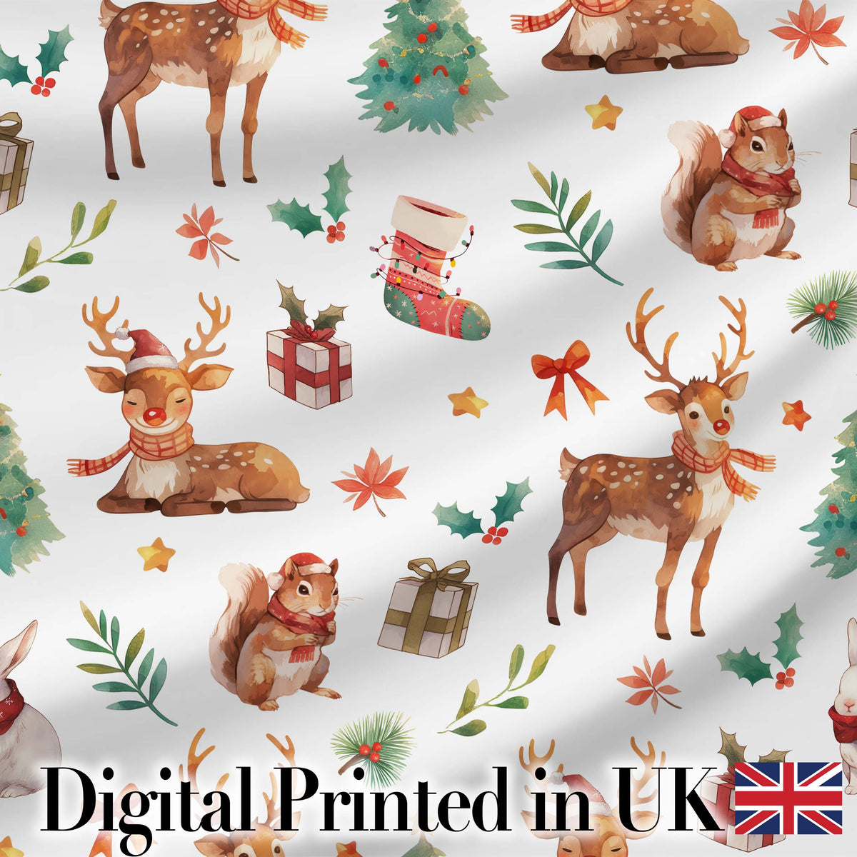Christmas Reindeer Squirrel  Gift Festive Elements White Background Seamless  Digital Print Fabric by the Metre UK Sewing Quilting Textile
