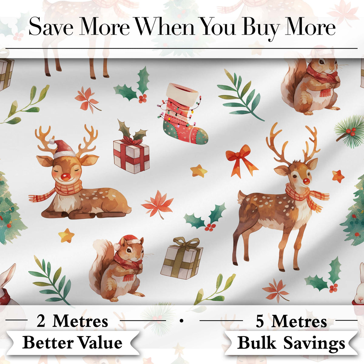 Christmas Reindeer Squirrel  Gift Festive Elements White Background Seamless  Digital Print Fabric by the Metre UK Sewing Quilting Textile