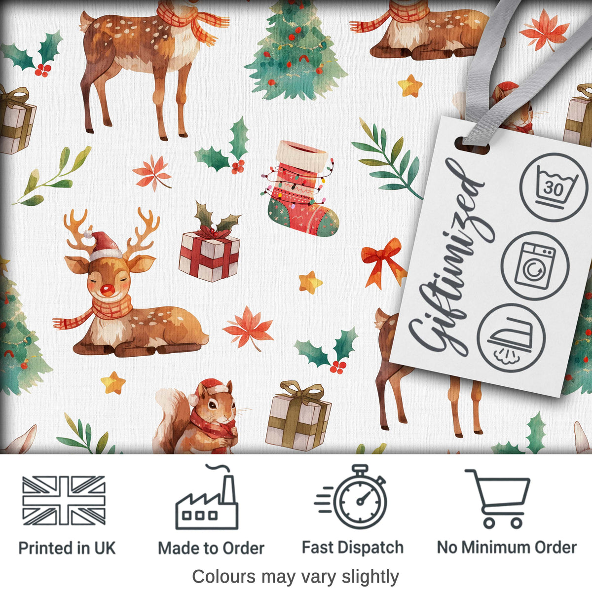 Christmas Reindeer Squirrel  Gift Festive Elements White Background Seamless  Digital Print Fabric by the Metre UK Sewing Quilting Textile