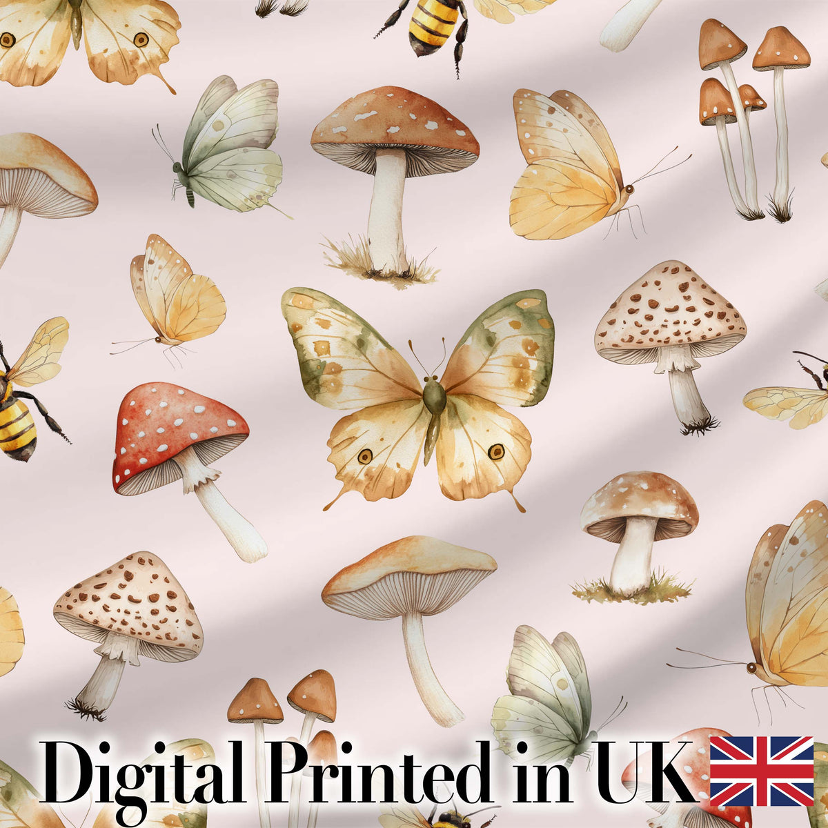 Vintage Butterfly Bees Mushrooms  Illustration Soft Pink Background Seamless  Digital Print Fabric by the Metre UK Sewing Quilting Textile