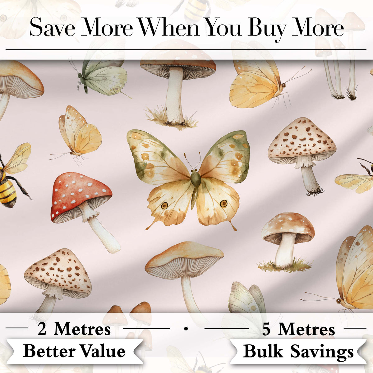 Vintage Butterfly Bees Mushrooms  Illustration Soft Pink Background Seamless  Digital Print Fabric by the Metre UK Sewing Quilting Textile