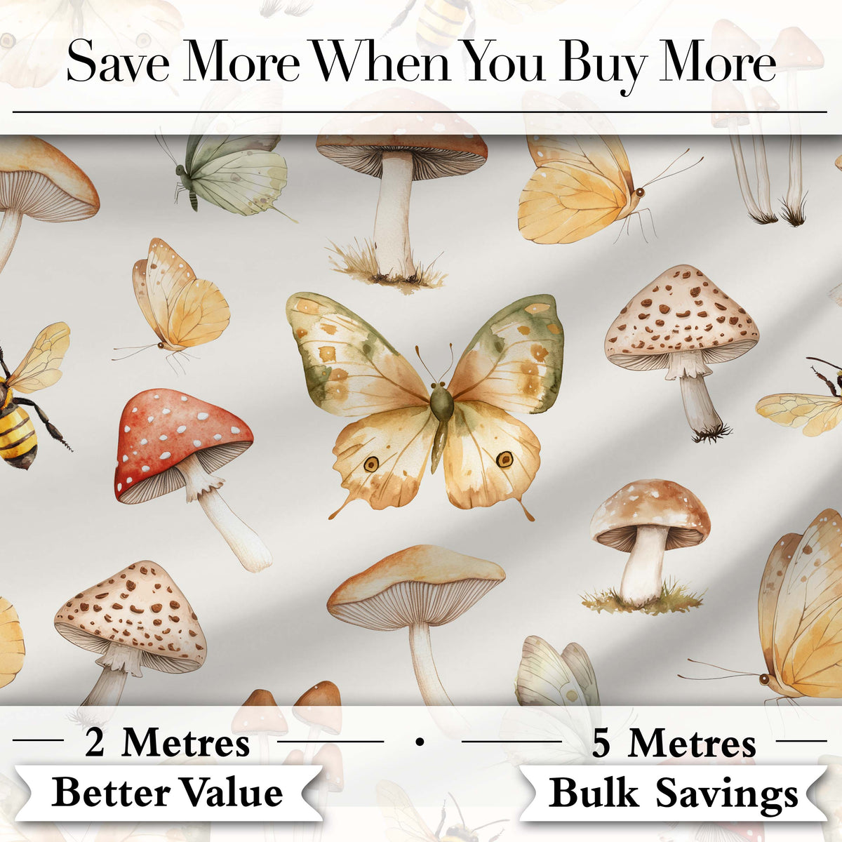 Vintage Butterfly Bees Mushrooms  Illustration Light Beige Background Seamless  Digital Print Fabric by the Metre UK Sewing Quilting Textile