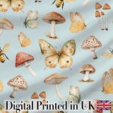 Vintage Butterfly Bees Mushrooms  Illustration Dusty Blue Background Seamless  Digital Print Fabric by the Metre UK Sewing Quilting Textile