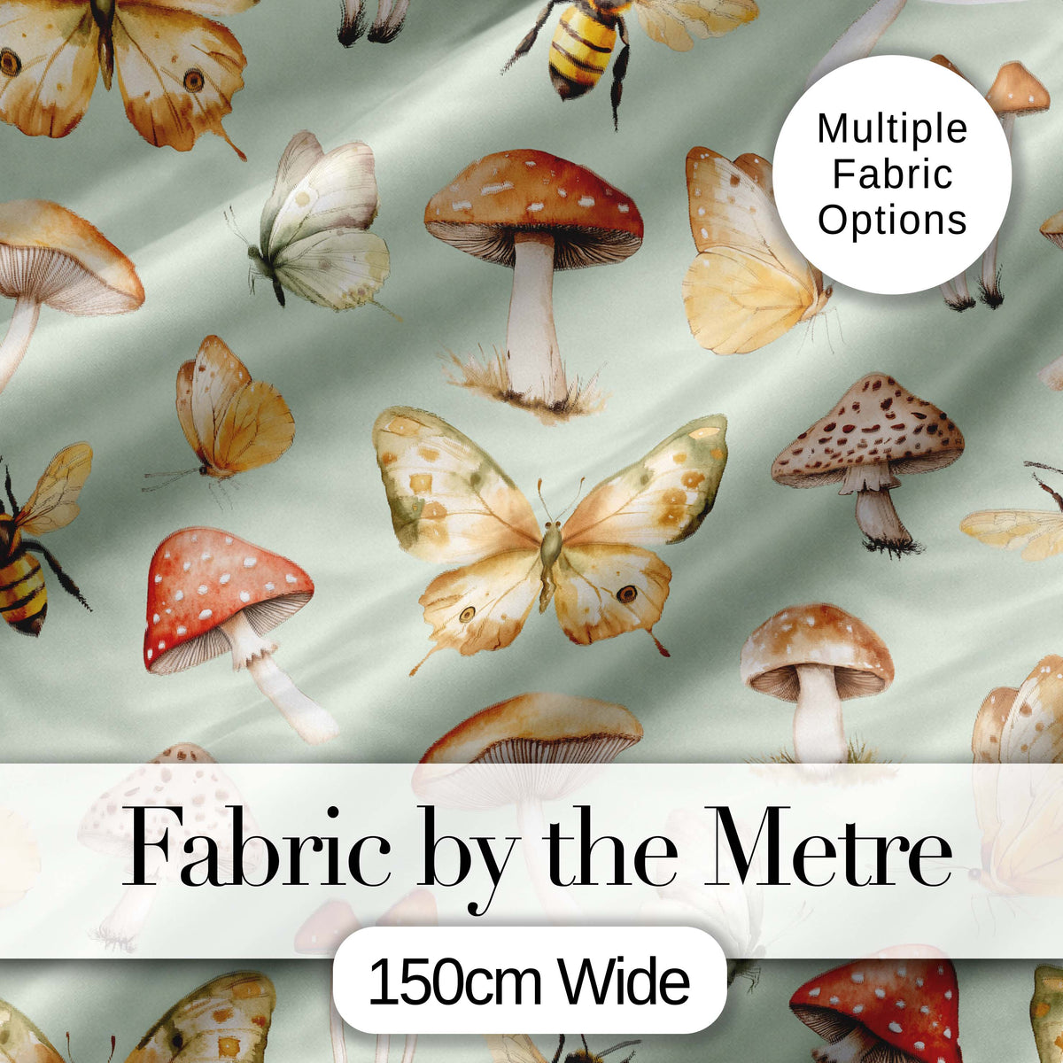 Vintage Butterfly Bees Mushrooms  Illustration Soft Green Background Seamless  Digital Print Fabric by the Metre UK Sewing Quilting Textile
