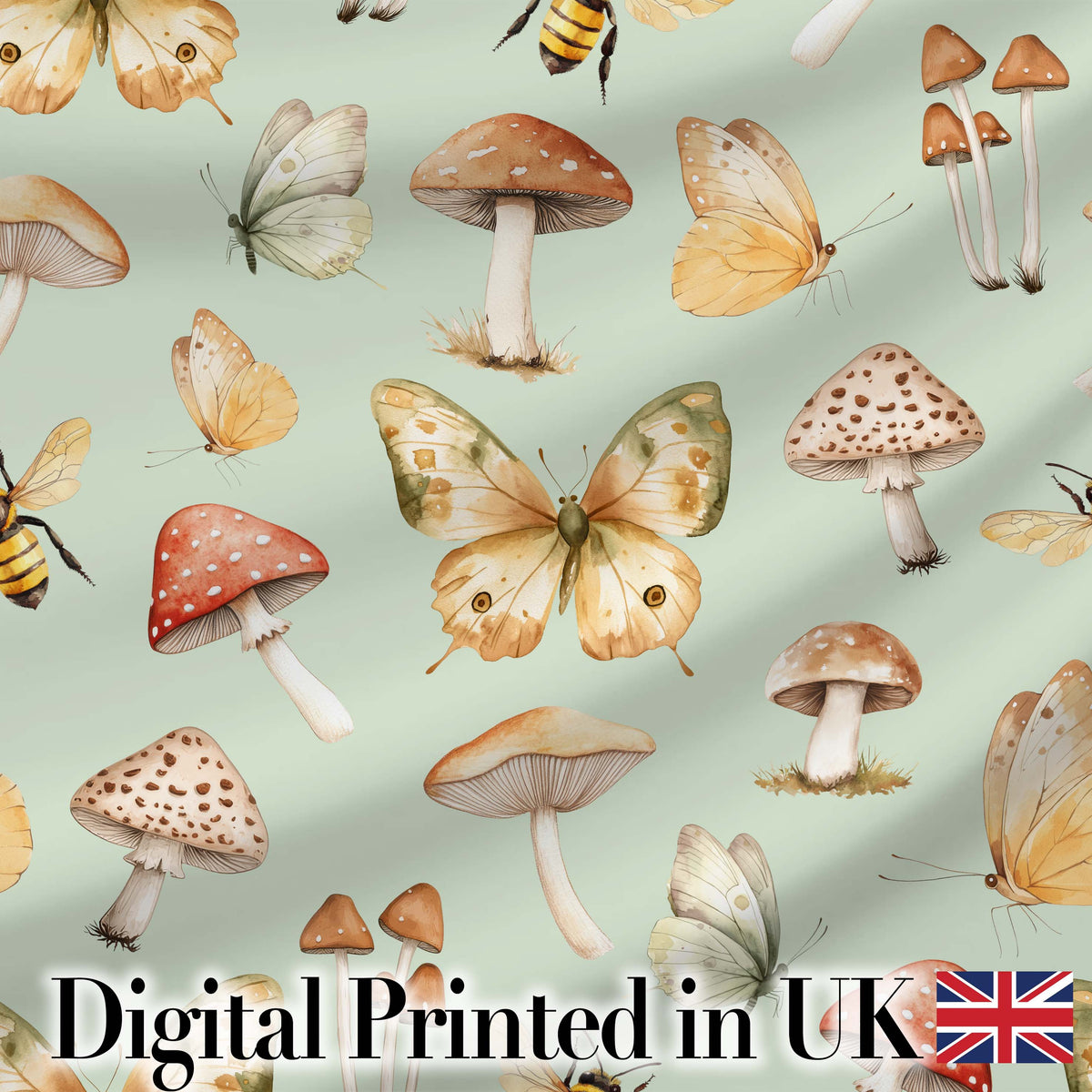 Vintage Butterfly Bees Mushrooms  Illustration Soft Green Background Seamless  Digital Print Fabric by the Metre UK Sewing Quilting Textile