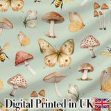 Vintage Butterfly Bees Mushrooms  Illustration Soft Green Background Seamless  Digital Print Fabric by the Metre UK Sewing Quilting Textile