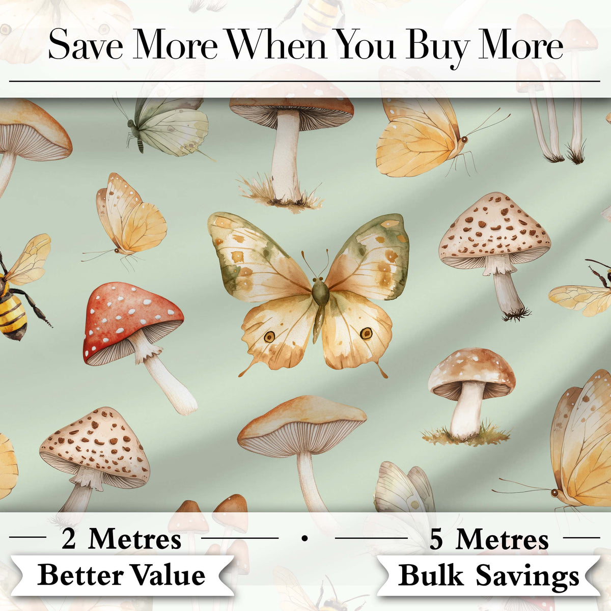 Vintage Butterfly Bees Mushrooms  Illustration Soft Green Background Seamless  Digital Print Fabric by the Metre UK Sewing Quilting Textile