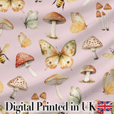 Vintage Butterfly Bees Mushrooms  Illustration Soft Pink Background Seamless  Digital Print Fabric by the Metre UK Sewing Quilting Textile