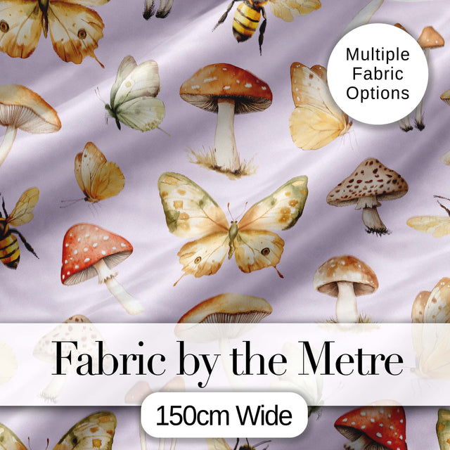 Vintage Butterfly Bees Mushrooms  Illustration Soft Lilac Background Seamless  Digital Print Fabric by the Metre UK Sewing Quilting Textile