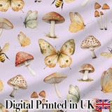 Vintage Butterfly Bees Mushrooms  Illustration Soft Lilac Background Seamless  Digital Print Fabric by the Metre UK Sewing Quilting Textile