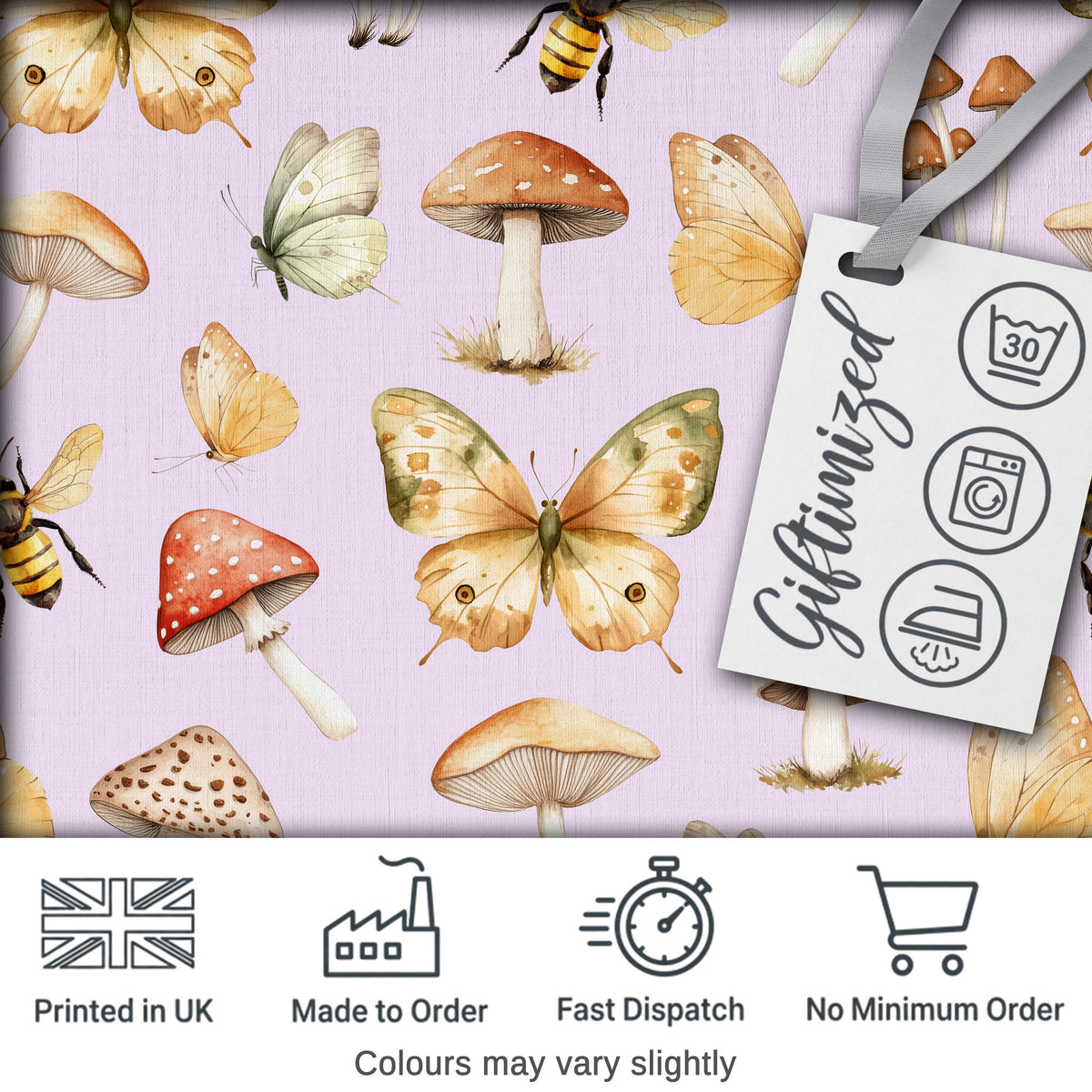 Vintage Butterfly Bees Mushrooms  Illustration Soft Lilac Background Seamless  Digital Print Fabric by the Metre UK Sewing Quilting Textile