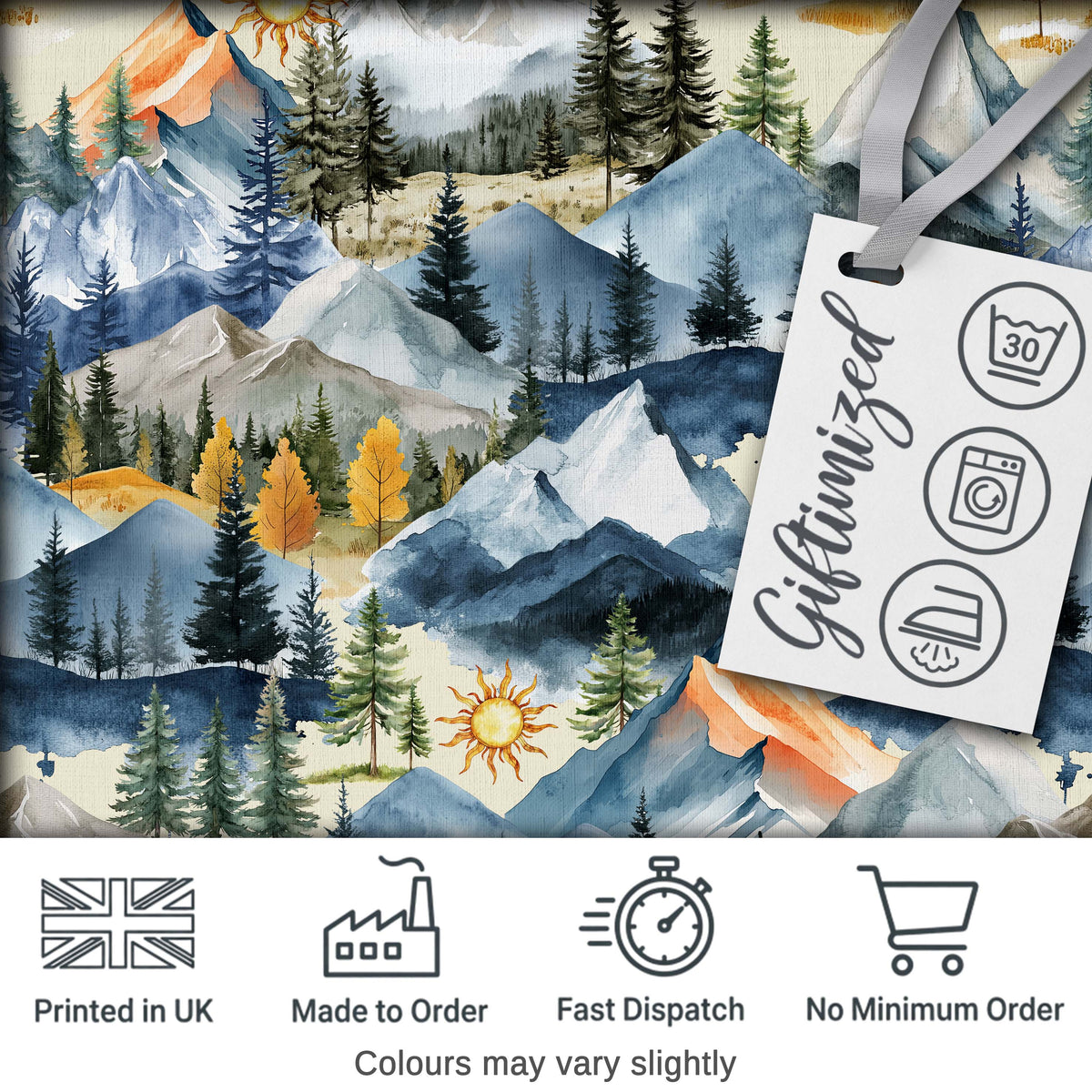 Watercolor Forest Mountains Pine Trees Scenic  Soft Green Background Seamless  Digital Print Fabric by the Metre UK Sewing Quilting Textile