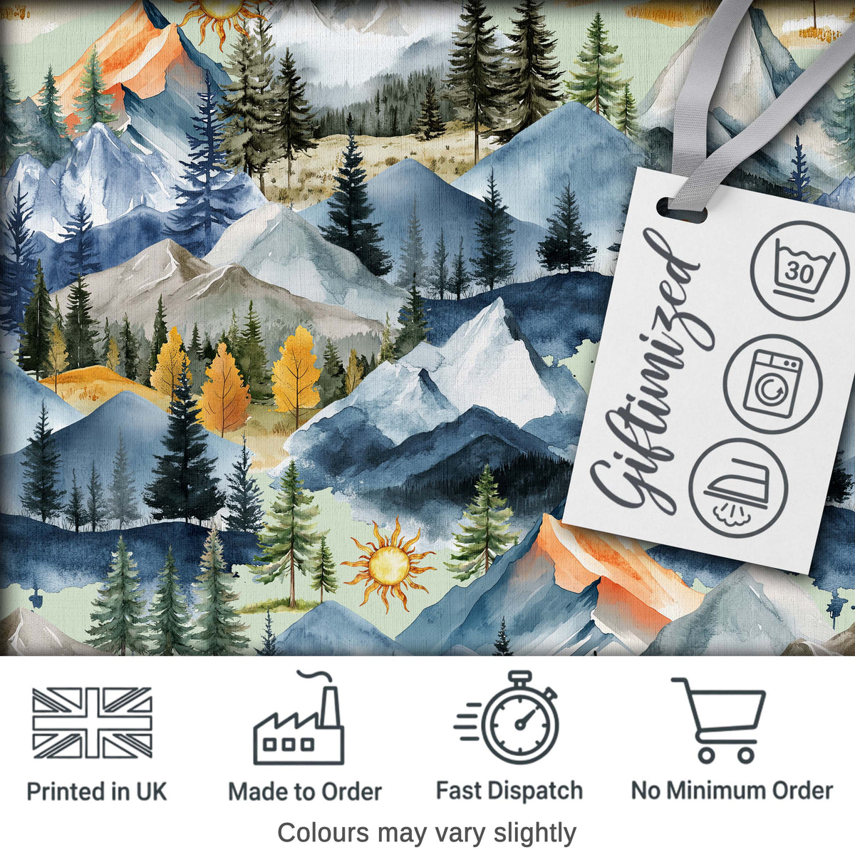 Watercolor Mountain Forest Pine Trees Scenic  Sage Green Background Seamless Digital Print Fabric by the Metre UK Sewing Quilting Textile