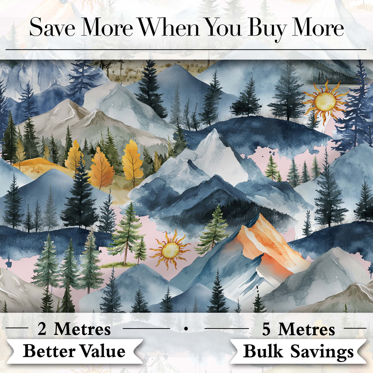 Watercolor Mountain Forest Pine Trees Scenic  Blush Pink Background Seamless  Digital Print Fabric by the Metre UK Sewing Quilting Textile