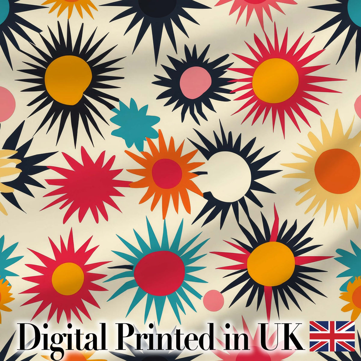Abstract Bold Sunburst Floral Shapes Mid Century Style Seamless Pattern Digital Print Fabric by the Metre UK Sewing Quilting Textile