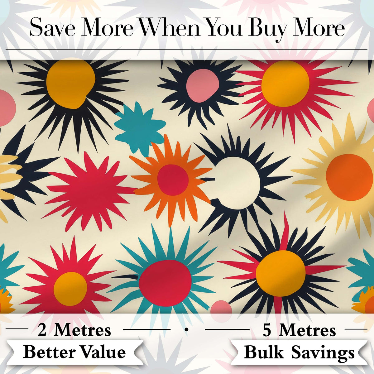 Abstract Bold Sunburst Floral Shapes Mid Century Style Seamless Pattern Digital Print Fabric by the Metre UK Sewing Quilting Textile
