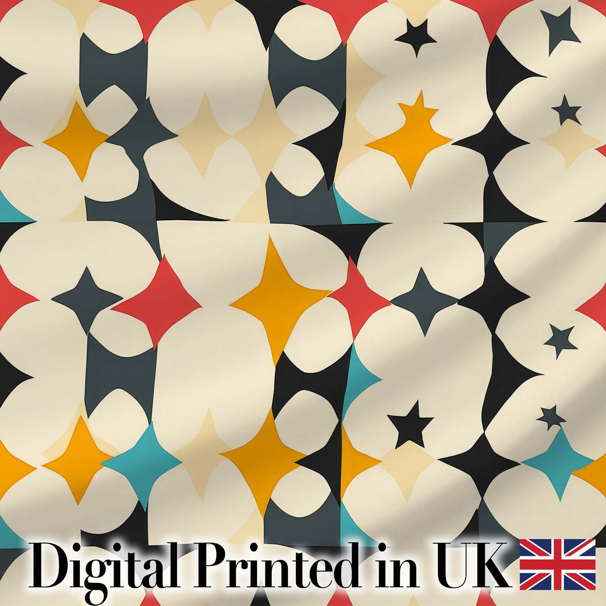 Abstract  Floral Star Shapes Mid Century Seamless Pattern Digital Print Fabric by the Metre UK Sewing Quilting Textile