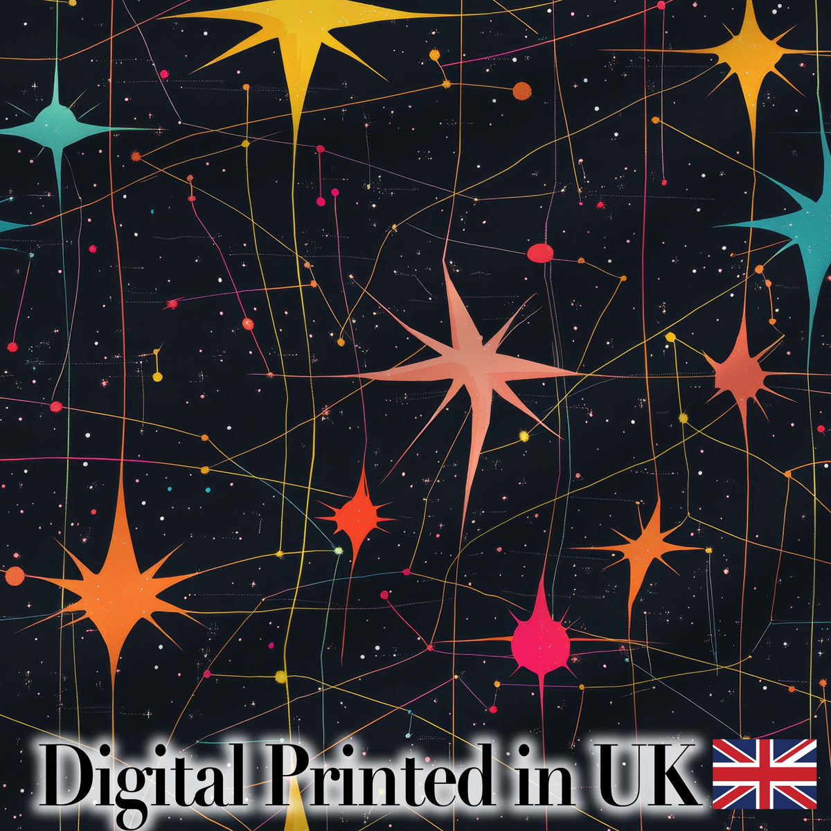Abstract Night Sky Starburst Lines Atomic Mid Century Seamless Pattern Digital Print Fabric by the Metre UK Sewing Quilting Textile