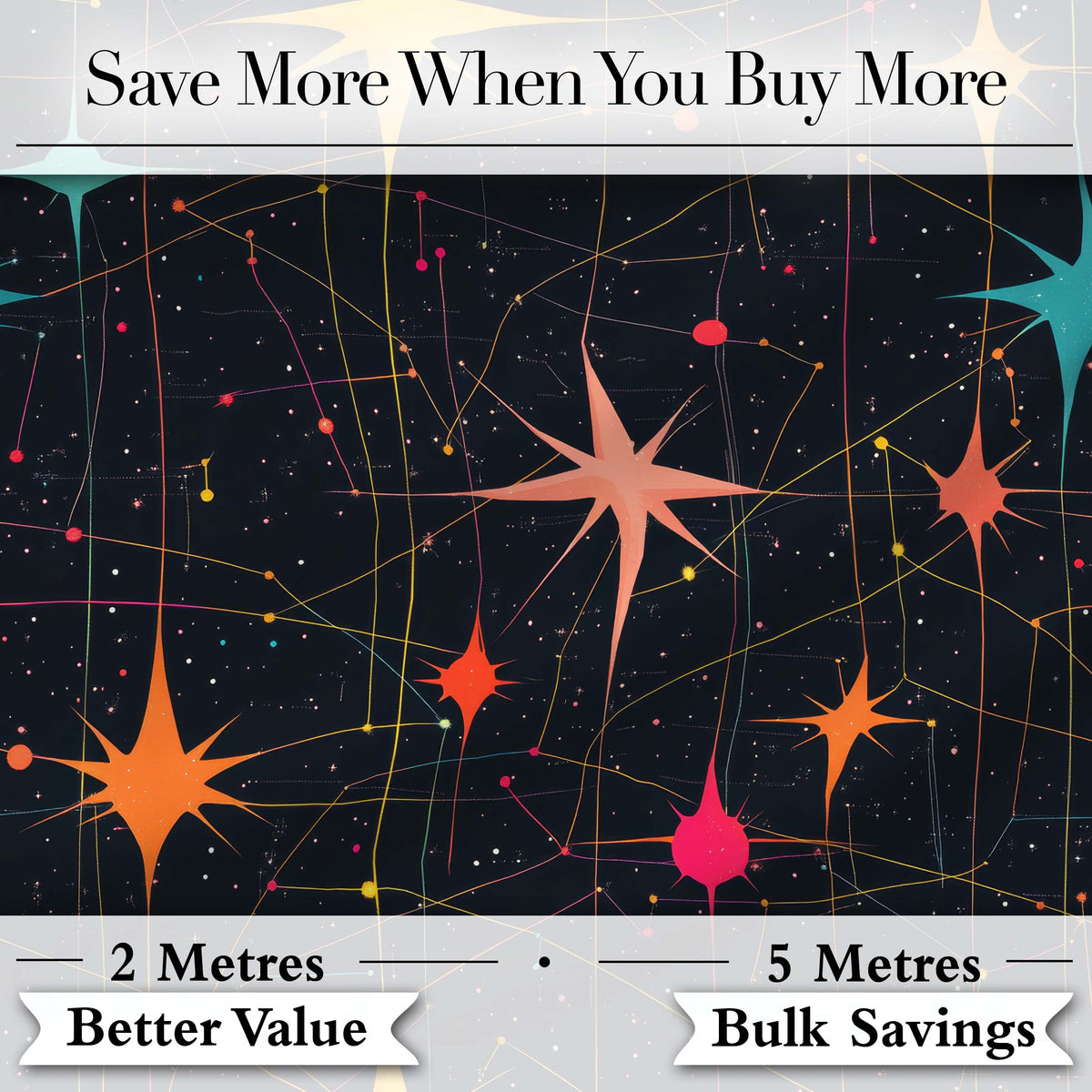 Abstract Night Sky Starburst Lines Atomic Mid Century Seamless Pattern Digital Print Fabric by the Metre UK Sewing Quilting Textile